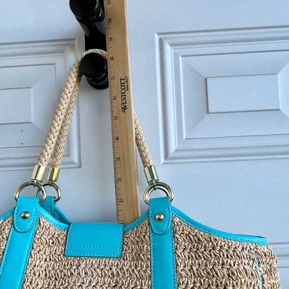 Talbots Large Woven Paper Straw Tote Bag Turquoise Blue Leather Trim Gold - Picture 11 of 12